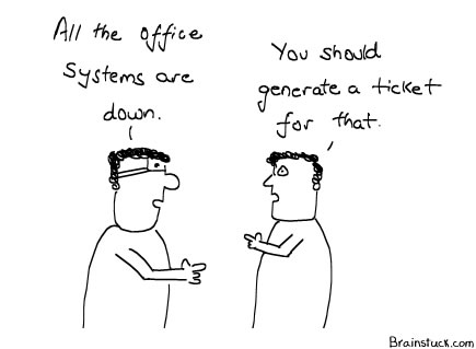I think I should generate a paper ticket now. Trouble Ticket, Generating Support Ticket, Technology IT Cartoon, Management