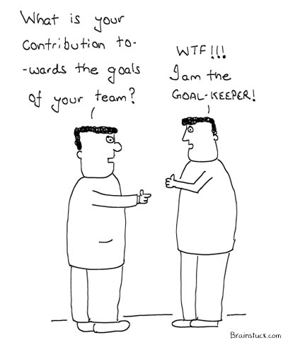 Some people contribute by not contributing, that is their contribution Management Cartoons, Organizational Goals, The Goal Keeper, Team Work, Insane Cartoons